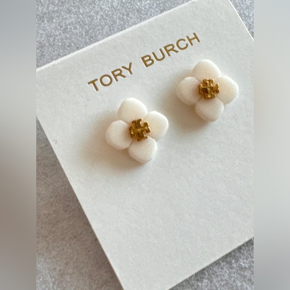 Tory Burch Babylon Logo Stud Earrings White And Yellow Gold Colors. New! - Picture 1 of 4